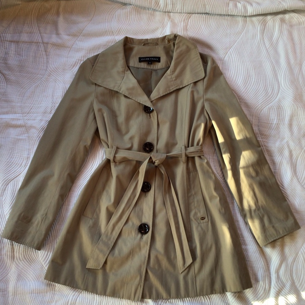 Ellen Tracy SZ Med Khaki Belted Short Trench Coat